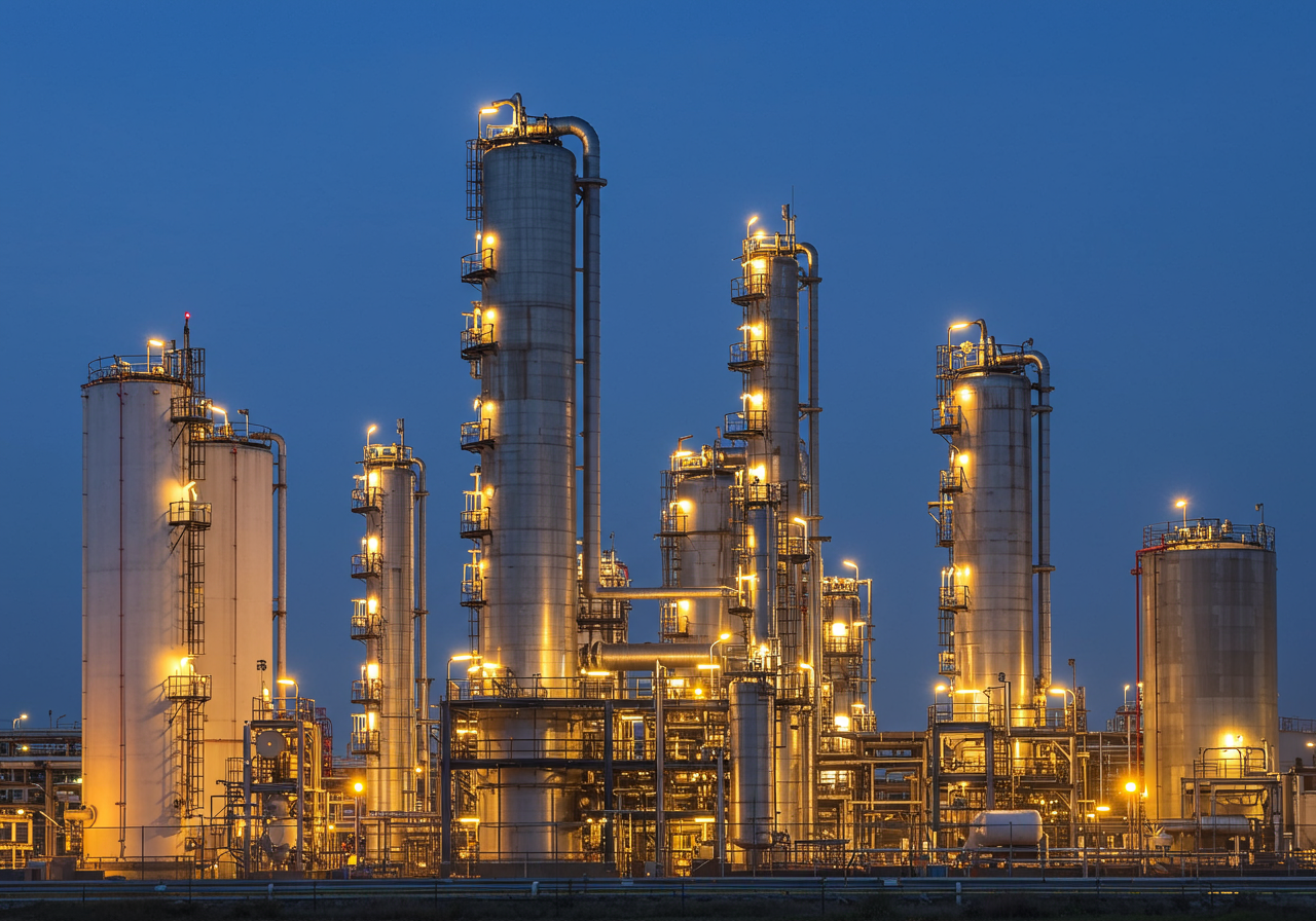 Oil refinery complex at dusk — industrial petroleum facility with storage tanks and pipelines
