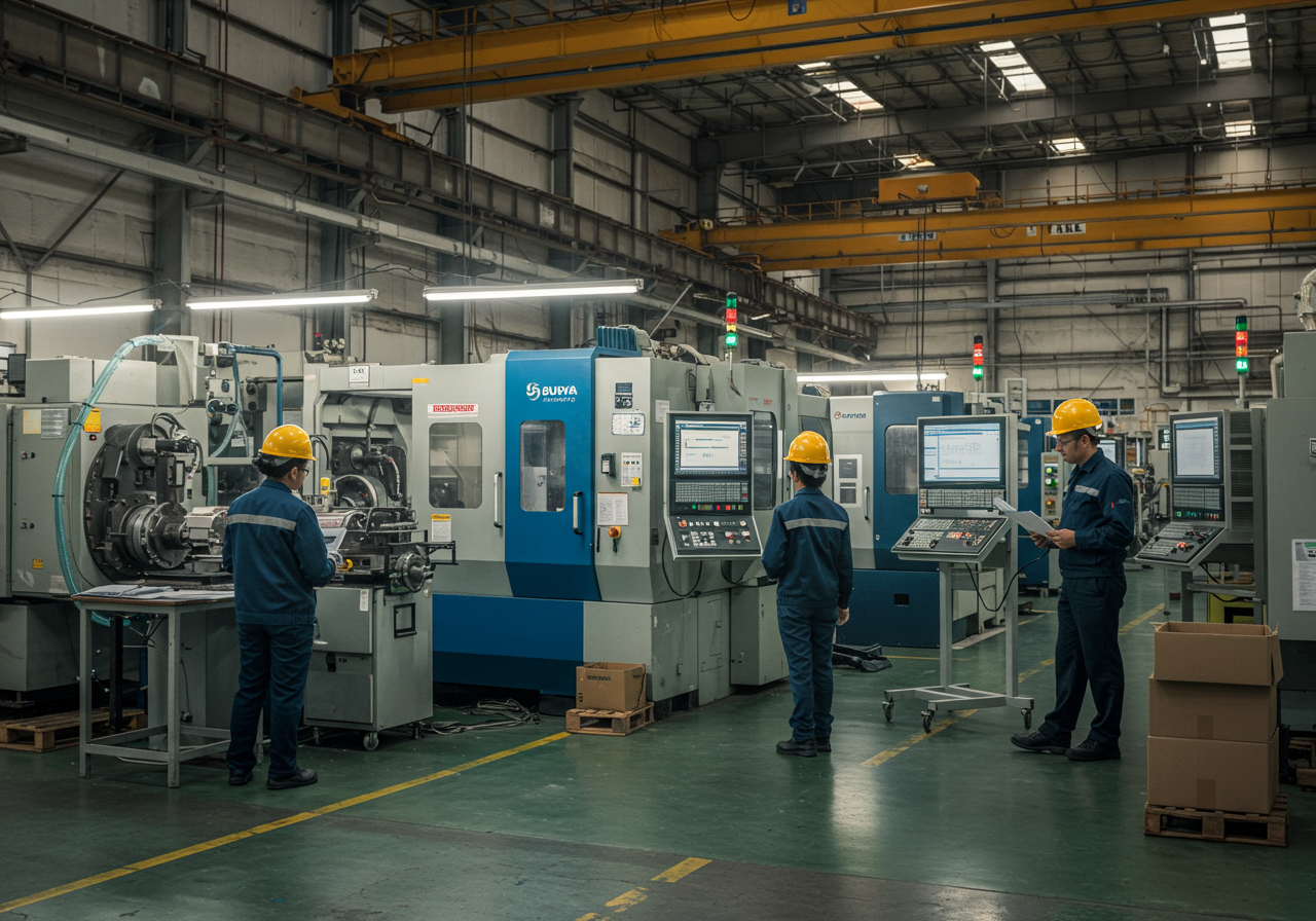 Industrial manufacturing plant interior — workers in safety gear, Surya Energy fuel supply