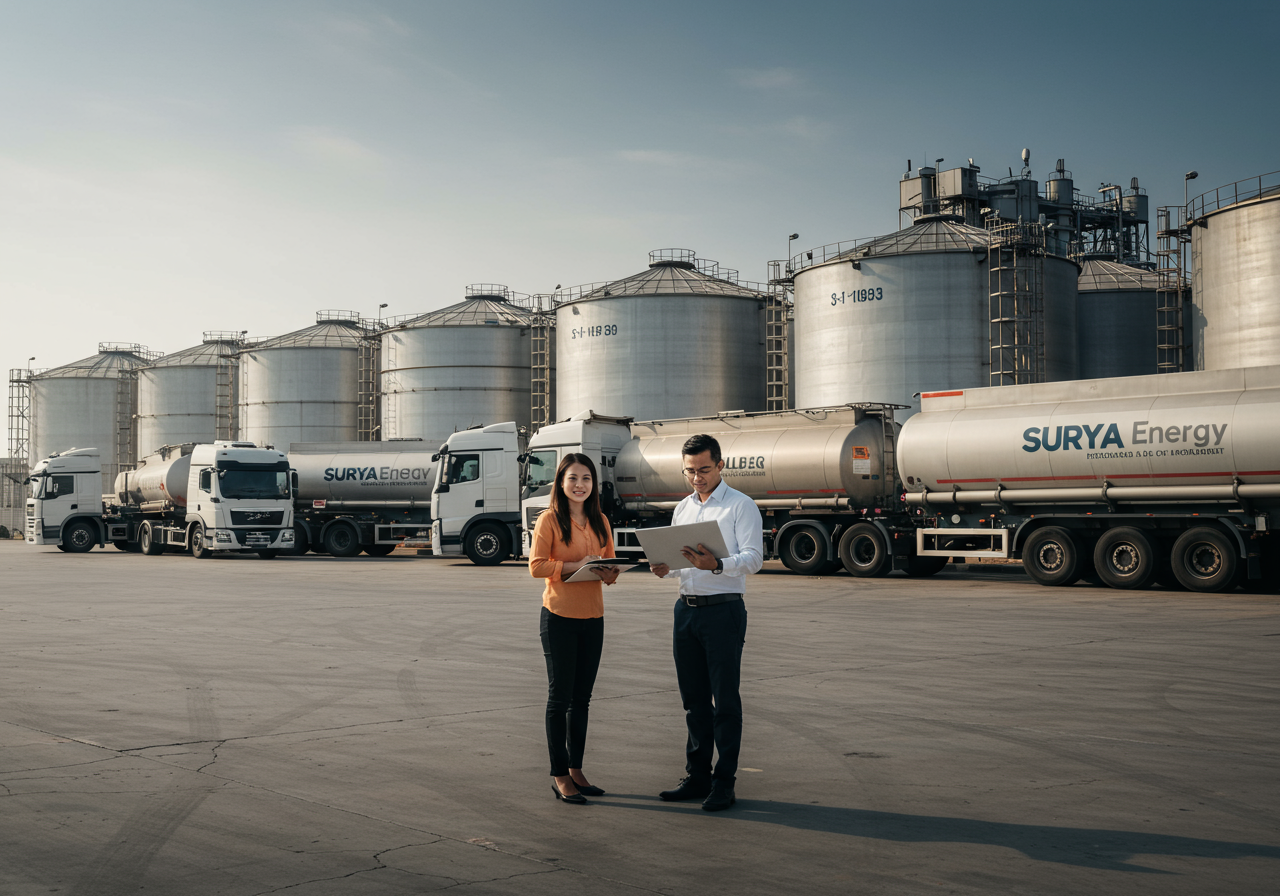Surya Energy logistics yard with tanker fleet and storage